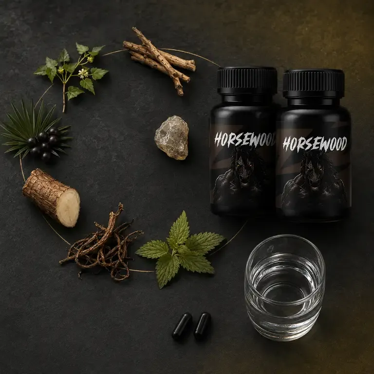 Two black Horsewood bottles on dark stone with dried roots, green leaves, loose capsules and a glass of water