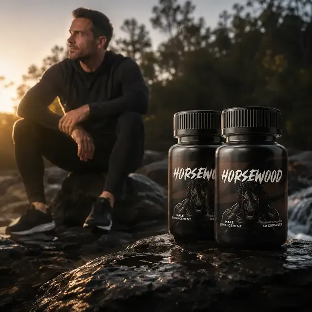 A man resting on a rock at sunset after a hike, with two Horsewood bottles beside him