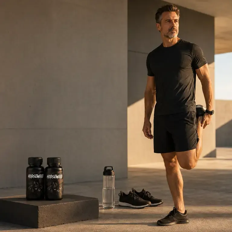 A man stretching outdoors in a sunny courtyard, with Horsewood bottles and a glass of water nearby