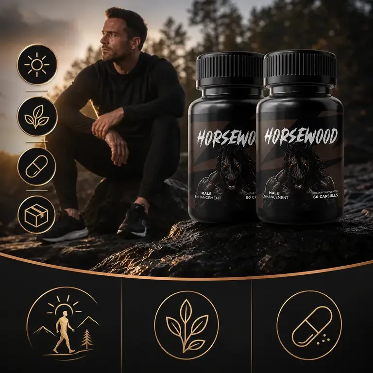 Man sitting on sunlit rocks next to Horsewood bottles, with a panel of routine icons beside him