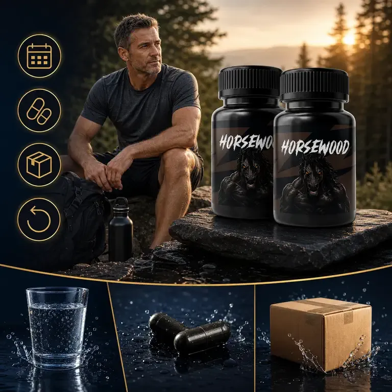 A man resting on a rock by a pine forest at sunset beside two Horsewood bottles, with panels below showing a glass of water, two capsules and a cardboard shipping box