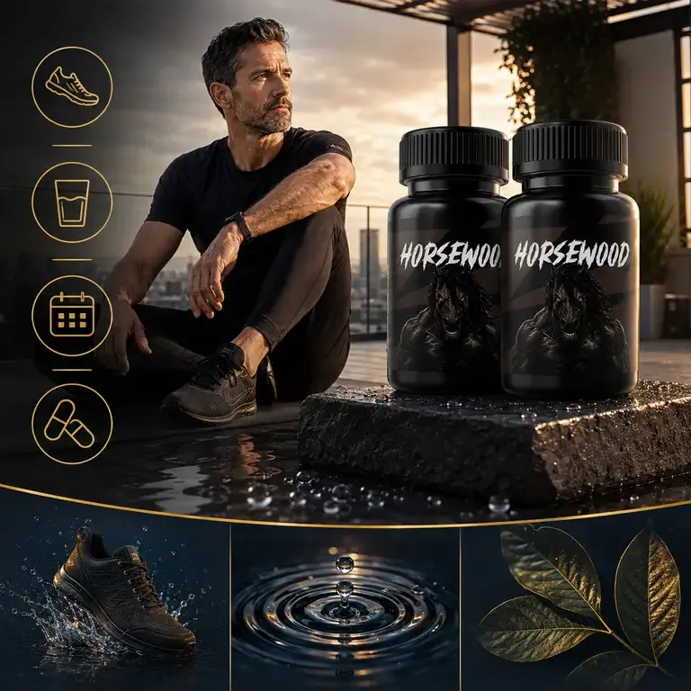 Man on a terrace beside two Horsewood bottles with icons for walking shoes, water and a calendar