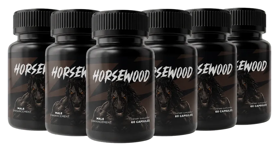 Six black HORSEWOOD bottles with a horse illustration, the 6-bottle pack