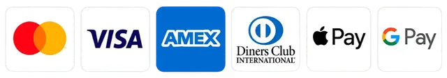 Accepted payments: Mastercard, Visa, American Express, Diners Club, Apple Pay and Google Pay