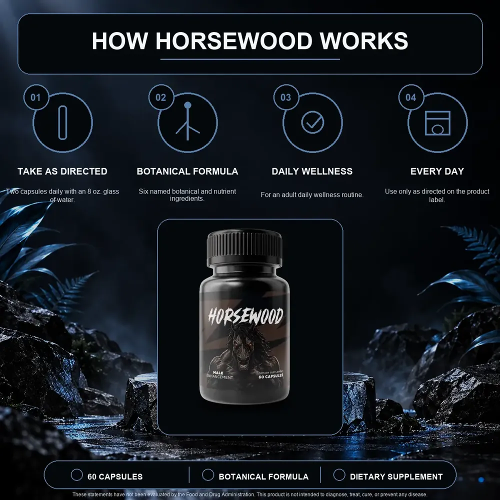 Seller graphic titled How Horsewood works, with four tiles: take as directed, botanical formula, daily wellness and every day