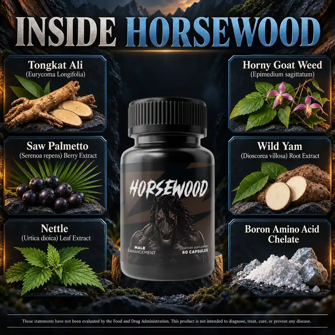 Seller graphic titled Inside Horsewood, with six ingredient tiles arranged around the bottle