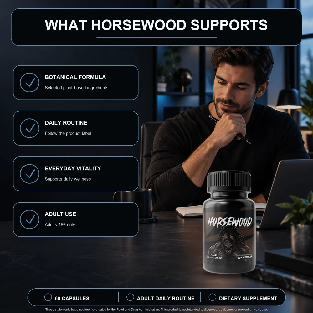 Seller graphic of a man at a desk with the Horsewood bottle and four tiles: botanical formula, daily routine, everyday vitality and adult use