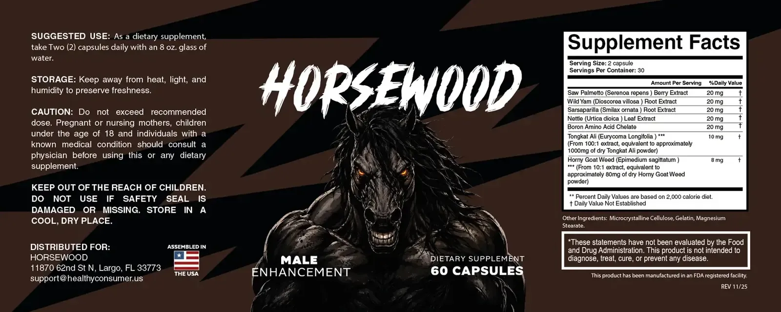 Horsewood label flattened into three panels on dark brown: suggested use, storage, caution and distributor on the left, the front with the HORSEWOOD wordmark, a horse illustration, Male Enhancement and 60 capsules, and the Supplement Facts panel on the right