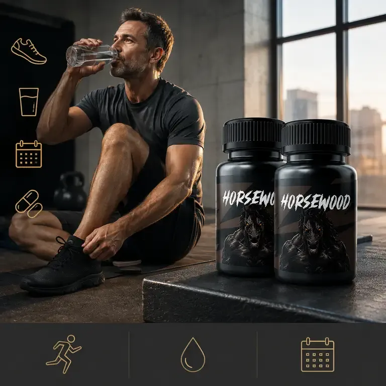 A man in a gym drinking a glass of water, with two Horsewood bottles on the bench beside him