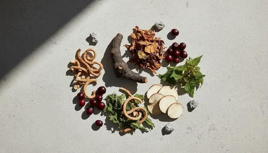 Dried roots, green leaves and small dark berries spread across a white table