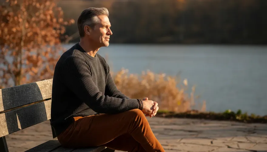 A man sitting alone on a lakeside bench at sunset, seen from behind
