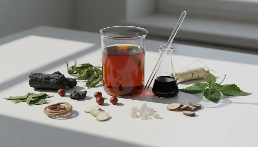 A glass beaker of amber herbal tea surrounded by dried roots and green leaves on a white surface