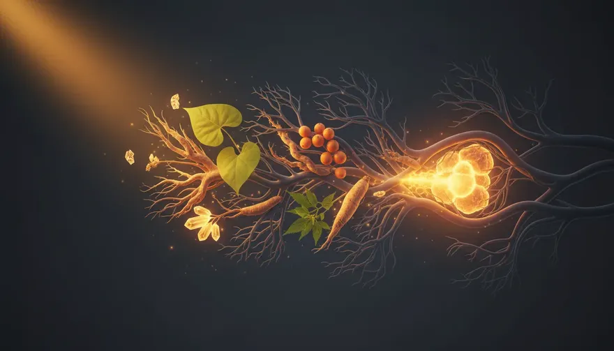 Glowing golden illustration of roots, leaves and branching plant lines on a dark background