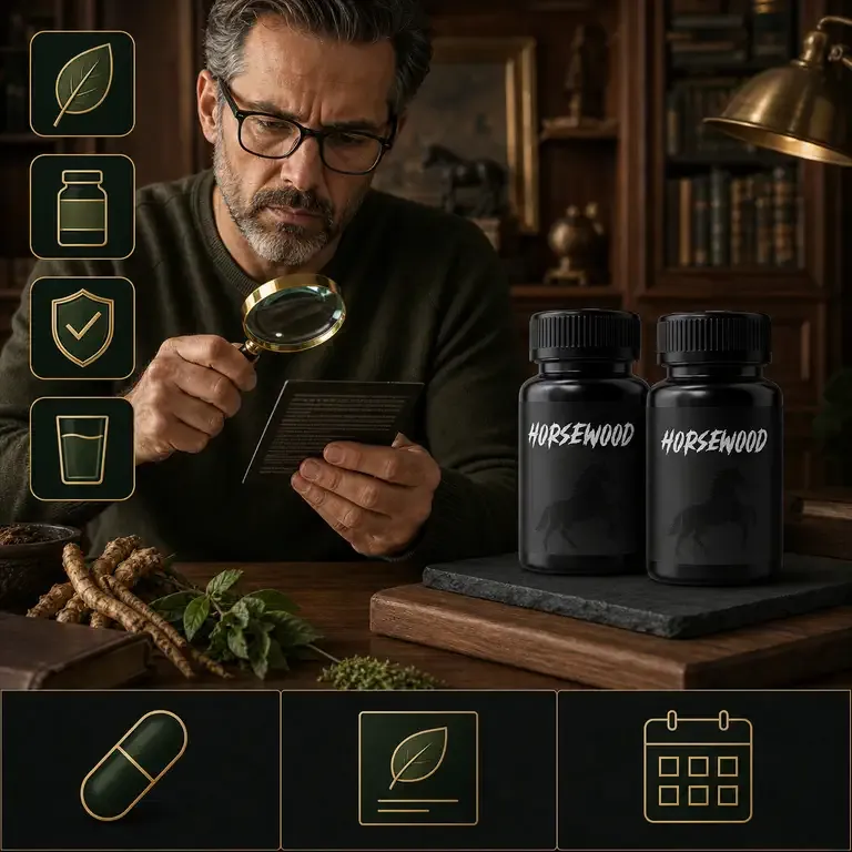 A man studying a supplement label through a magnifying glass, with two Horsewood bottles on the table